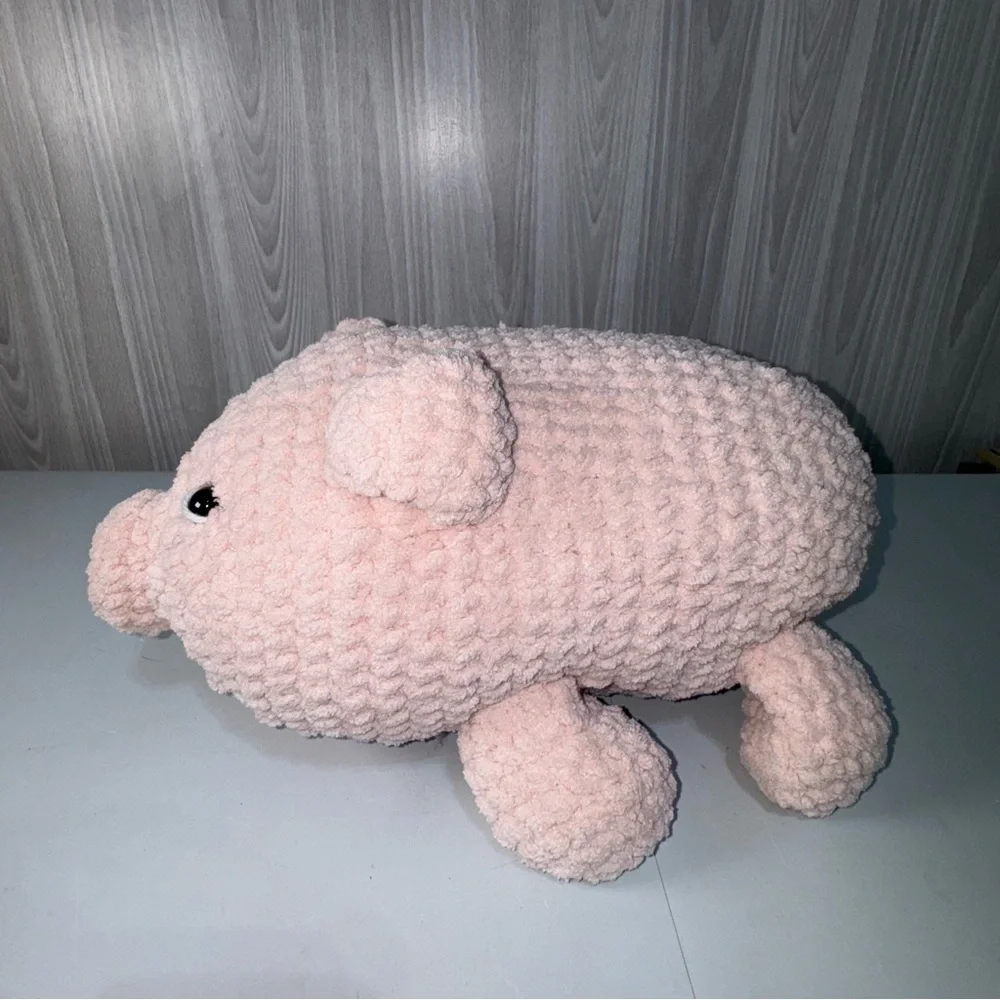 Handmade Crochet Stuffed Pink Pig‎ Piggie Medium Soft Chenille Yard 11 X6